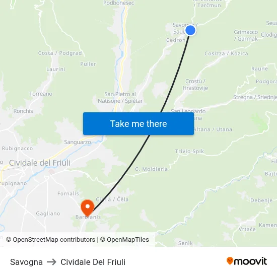 Savogna to Cividale del Friuli map