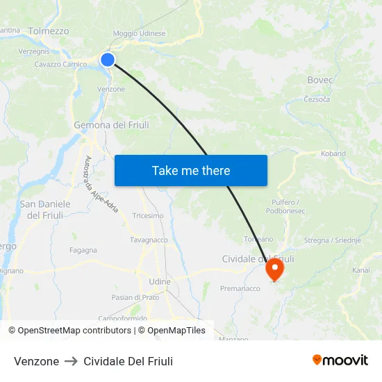 Venzone to Cividale del Friuli map