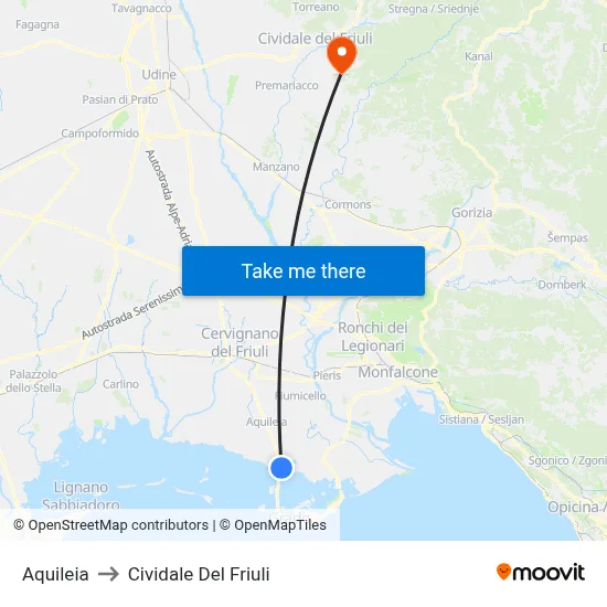 Aquileia to Cividale del Friuli map