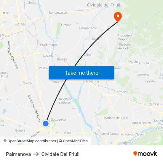 Palmanova to Cividale del Friuli map