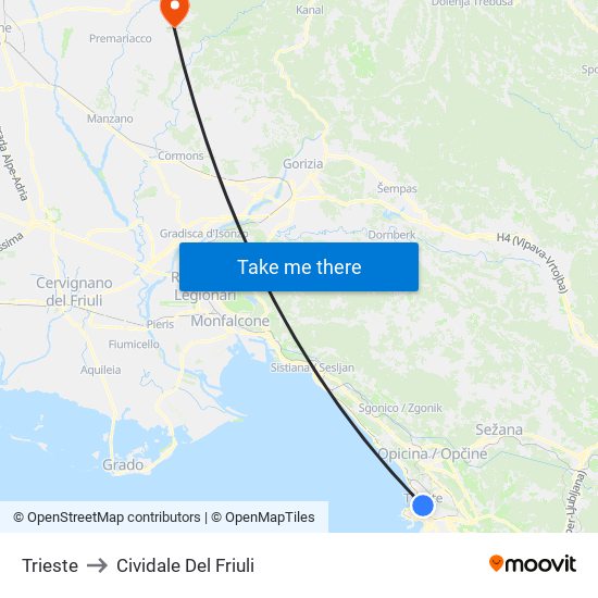 Trieste to Cividale Del Friuli map