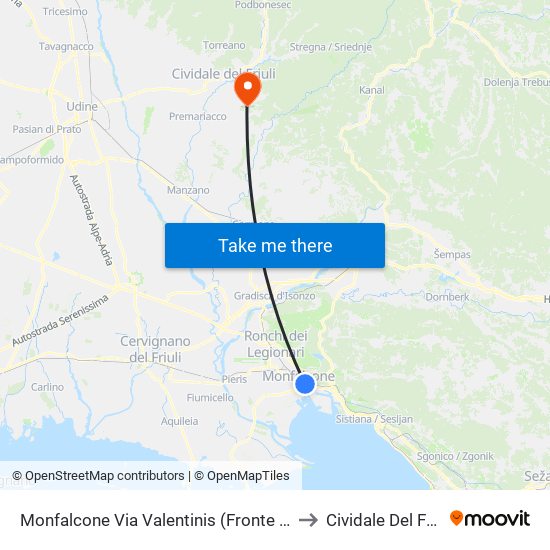 Monfalcone Via Valentinis (Fronte Vvff) to Cividale Del Friuli map