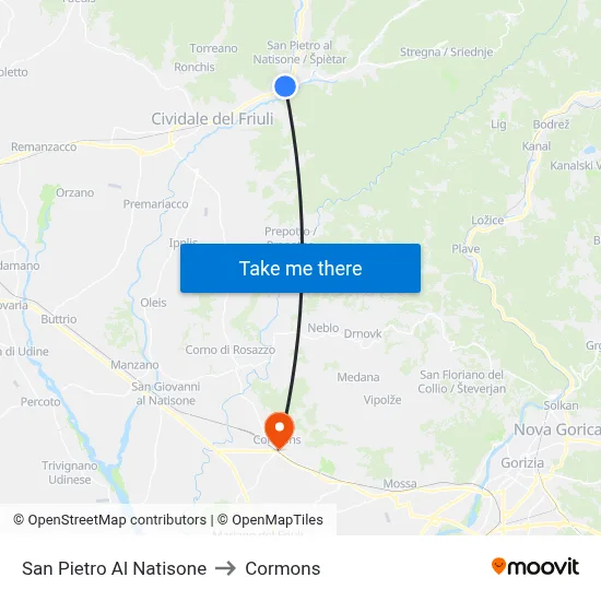 San Pietro Al Natisone to Cormons map