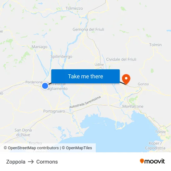 Zoppola to Cormons map