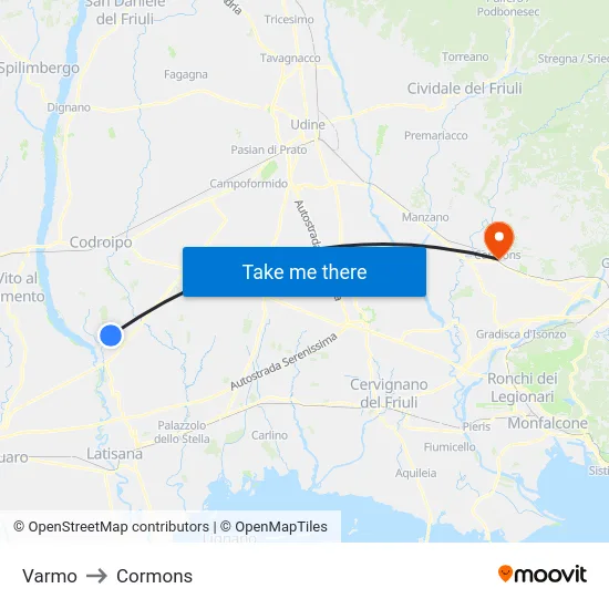 Varmo to Cormons map