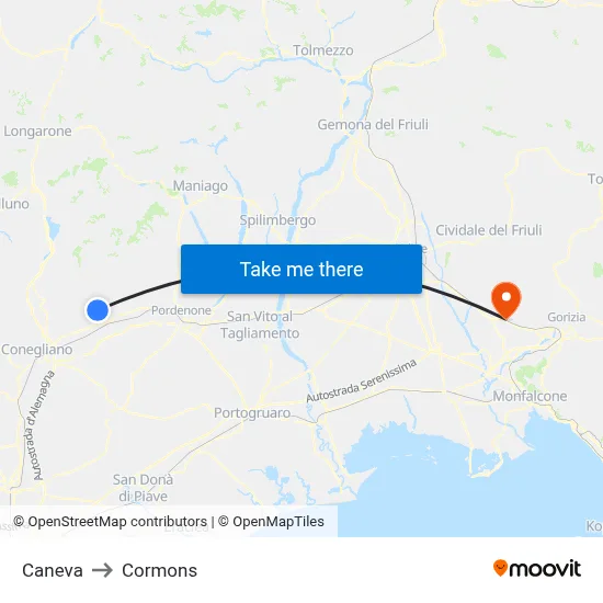 Caneva to Cormons map