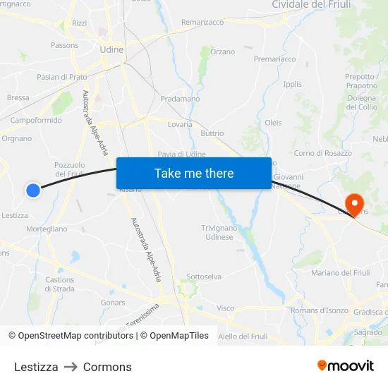 Lestizza to Cormons map