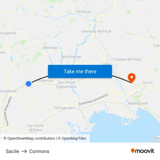 Sacile to Cormons map