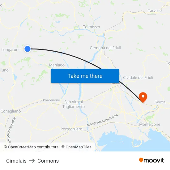 Cimolais to Cormons map