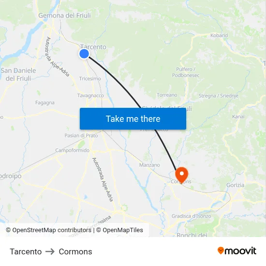 Tarcento to Cormons map