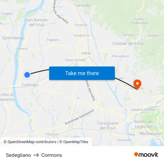 Sedegliano to Cormons map
