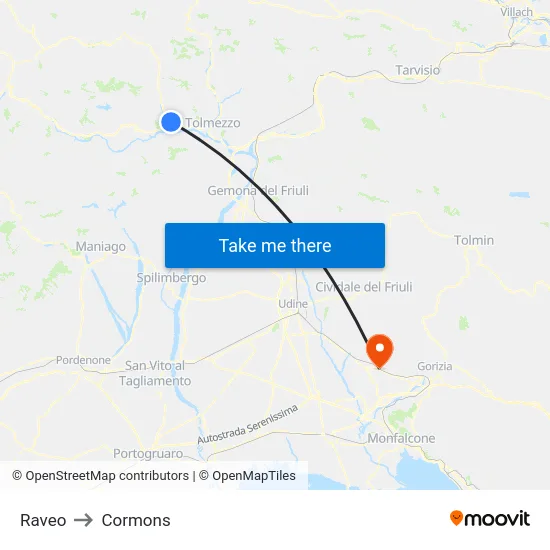 Raveo to Cormons map