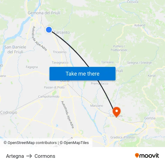 Artegna to Cormons map