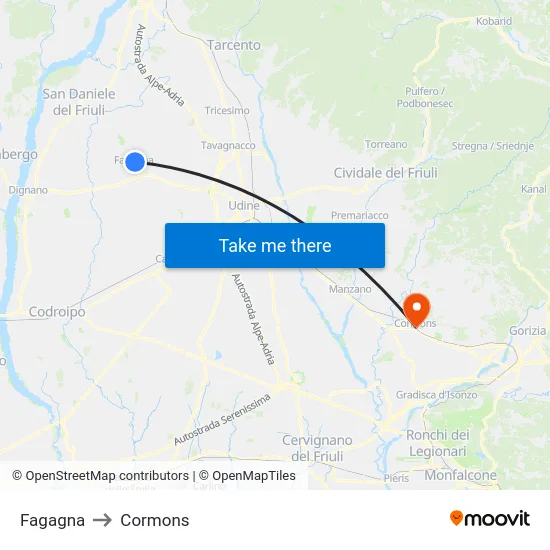 Fagagna to Cormons map