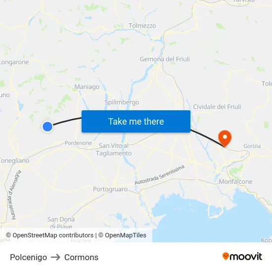 Polcenigo to Cormons map