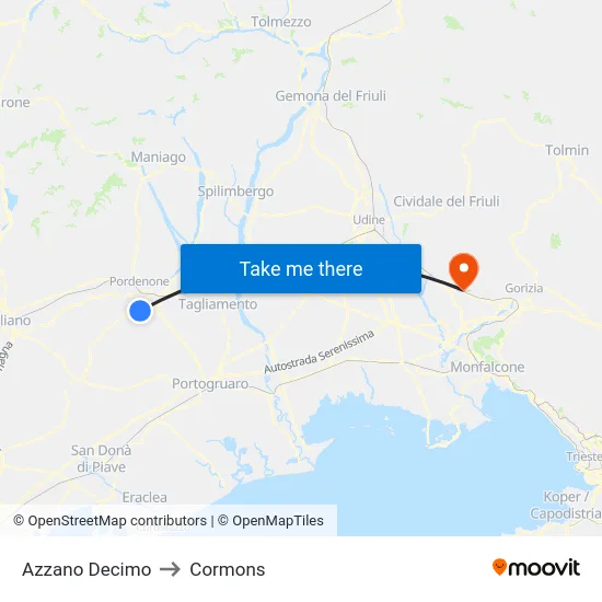 Azzano Decimo to Cormons map