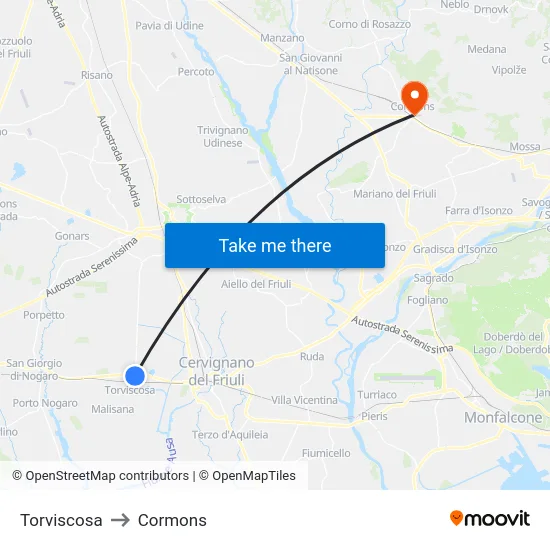 Torviscosa to Cormons map