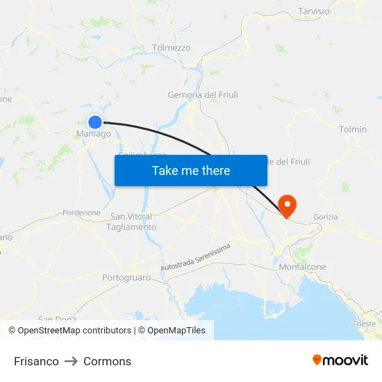 Frisanco to Cormons map