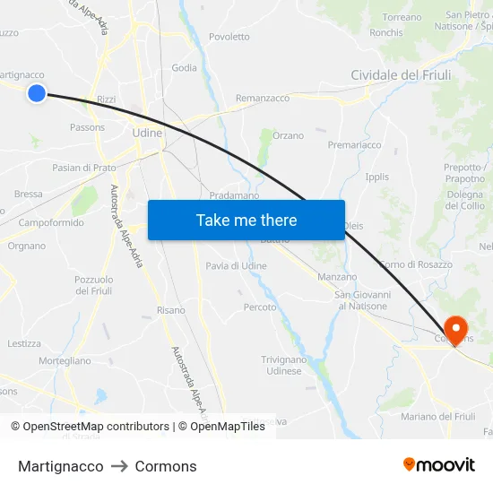 Martignacco to Cormons map