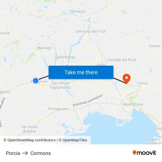 Porcia to Cormons map
