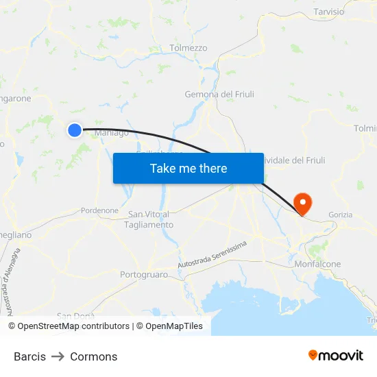 Barcis to Cormons map