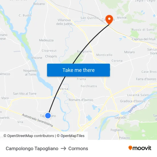 Campolongo Tapogliano to Cormons map