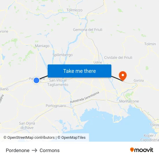 Pordenone to Cormons map
