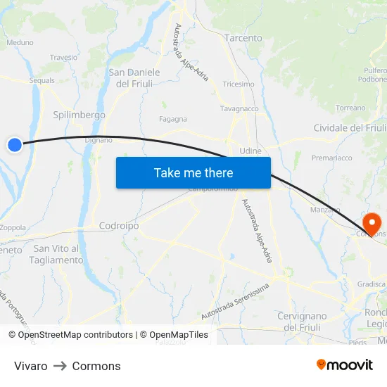 Vivaro to Cormons map