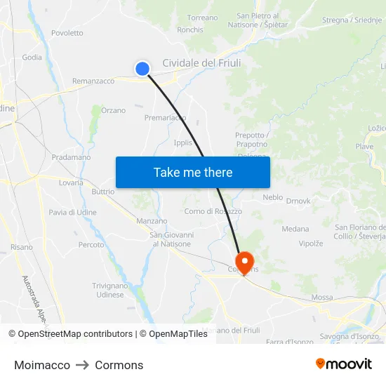 Moimacco to Cormons map