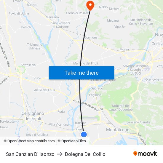 San Canzian D' Isonzo to Dolegna Del Collio map