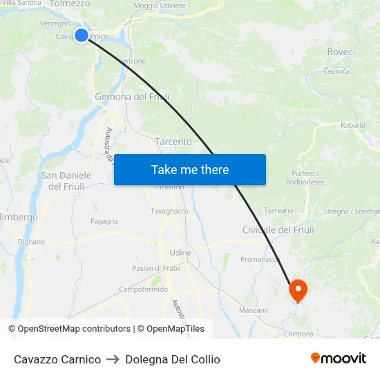 Cavazzo Carnico to Dolegna Del Collio map
