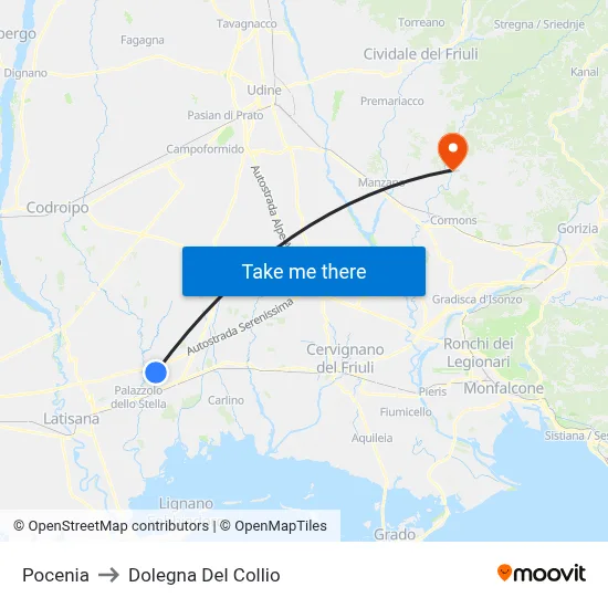 Pocenia to Dolegna del Collio map