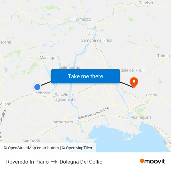 Roveredo in Piano to Dolegna del Collio map