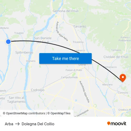 Arba to Dolegna del Collio map
