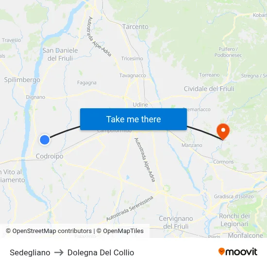 Sedegliano to Dolegna del Collio map