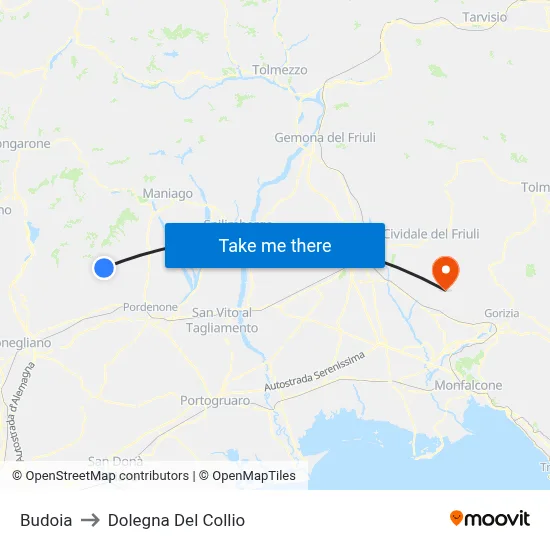 Budoia to Dolegna del Collio map