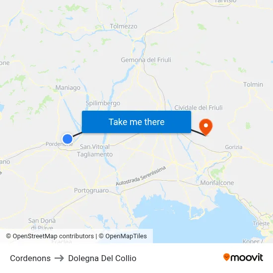 Cordenons to Dolegna del Collio map