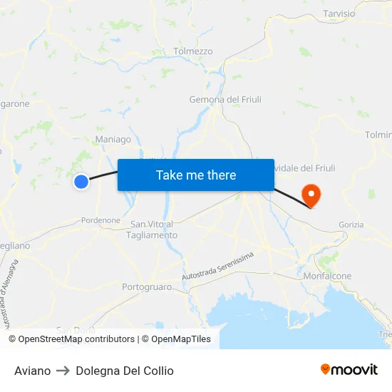 Aviano to Dolegna del Collio map