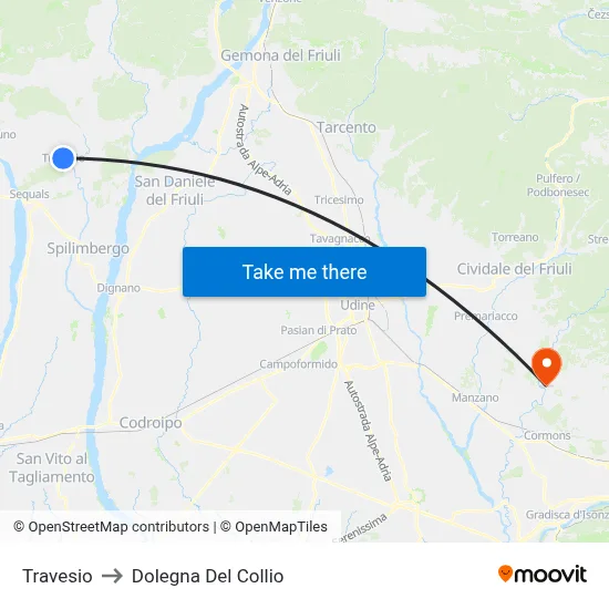 Travesio to Dolegna del Collio map
