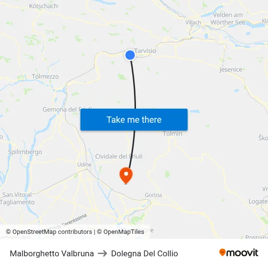Malborghetto Valbruna to Dolegna del Collio map