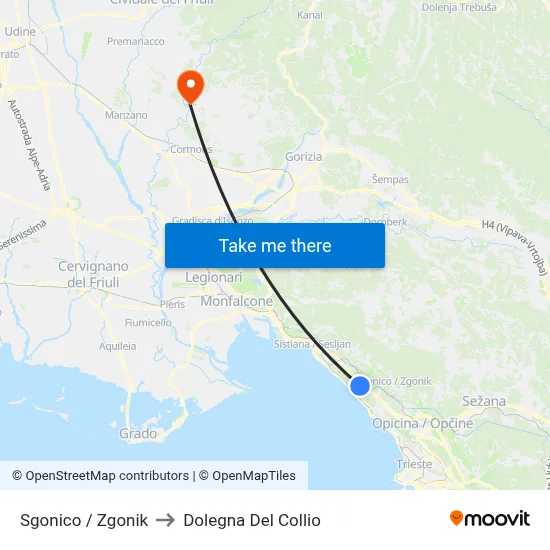 Sgonico / Zgonik to Dolegna del Collio map