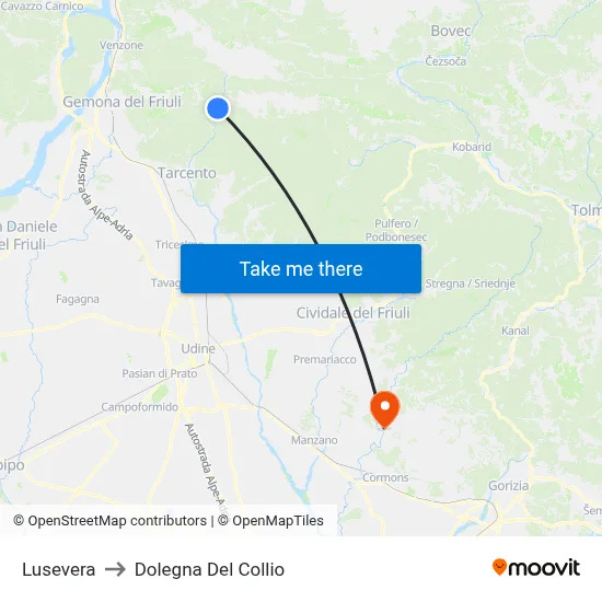 Lusevera to Dolegna del Collio map