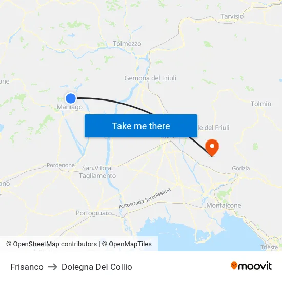 Frisanco to Dolegna del Collio map