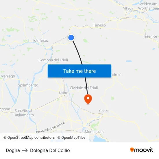 Dogna to Dolegna del Collio map