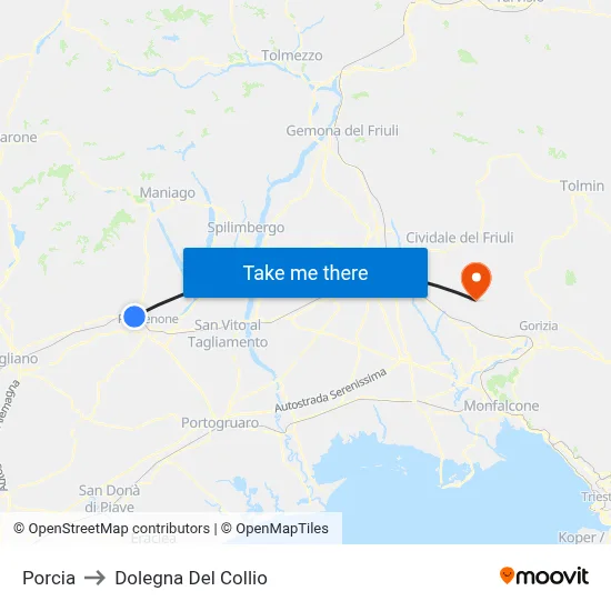 Porcia to Dolegna del Collio map