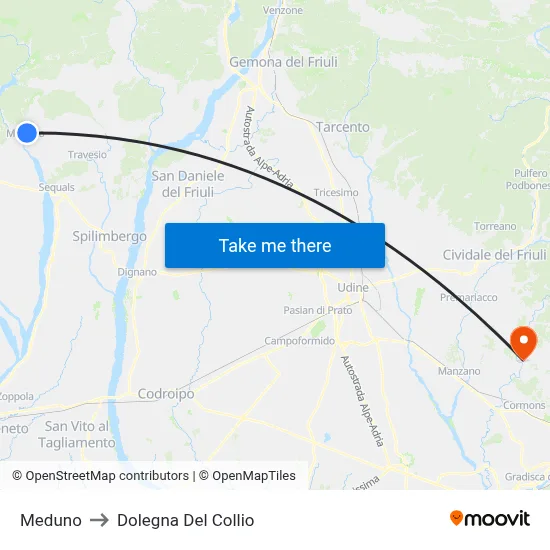 Meduno to Dolegna del Collio map