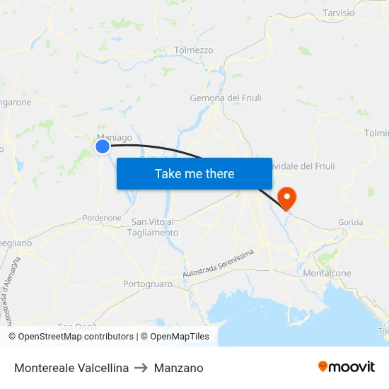 Montereale Valcellina to Manzano map