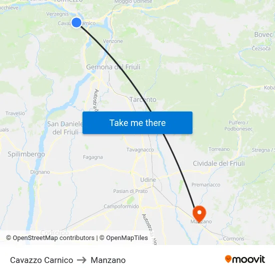 Cavazzo Carnico to Manzano map