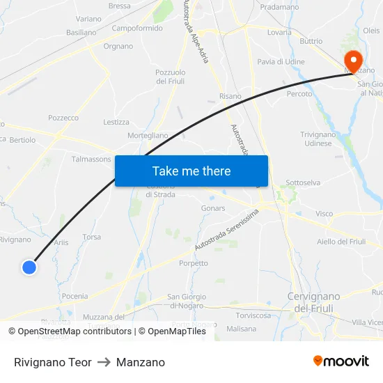 Rivignano Teor to Manzano map