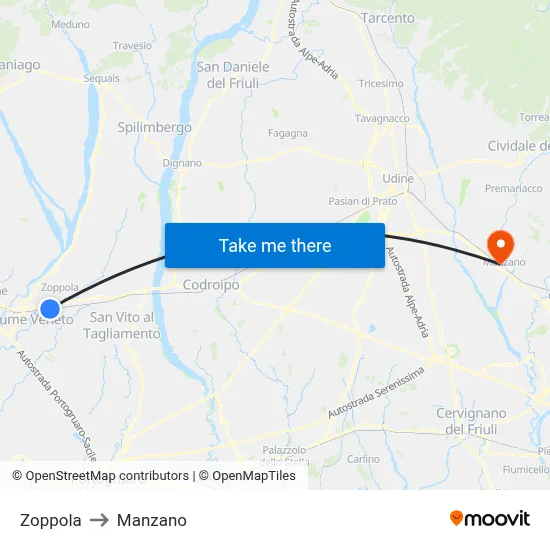 Zoppola to Manzano map